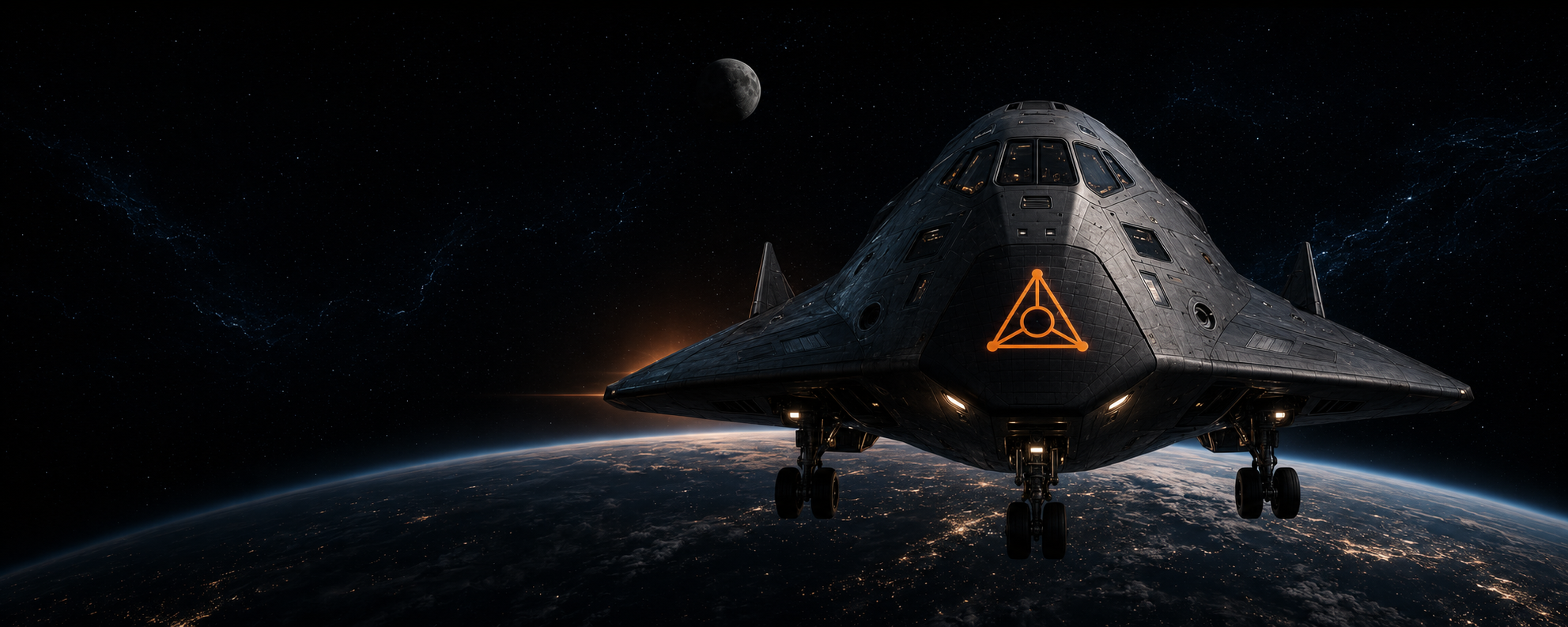 Concept render of a TriPoint spacecraft in low orbit above a city-lit Earth, the three-vertex badge glowing orange on its nose, the Moon on the horizon
