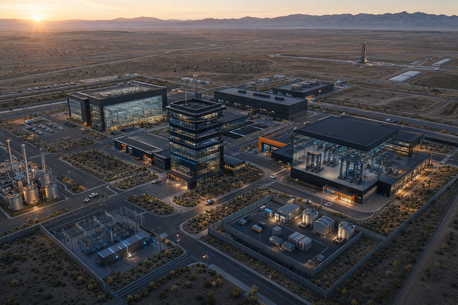 Concept render of a TriPoint autonomous R&D and manufacturing campus at sunset, with a control tower, research halls, additive-manufacturing building, microgrid, and a flight-test stand on the horizon